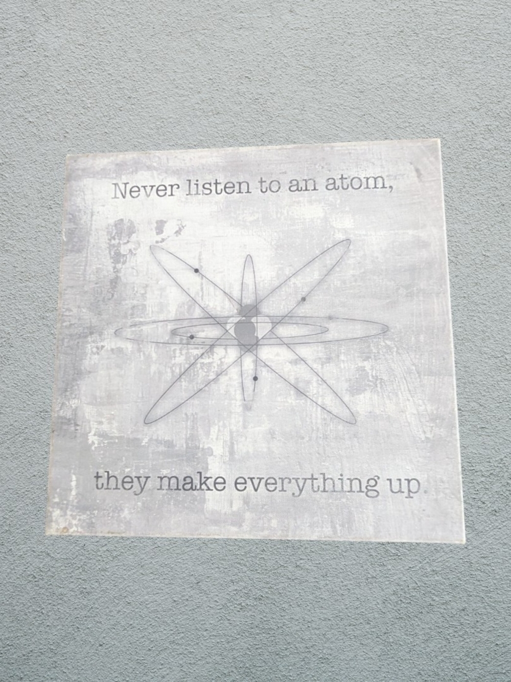"Never Listen To An Atom They Make Everything Up" Canvas Hanging Wall Decor